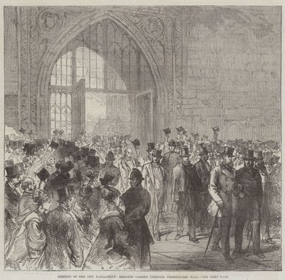Reunión del nuevo parlamento, miembros pasando por Westminster Hall de Sir John Charles Robinson